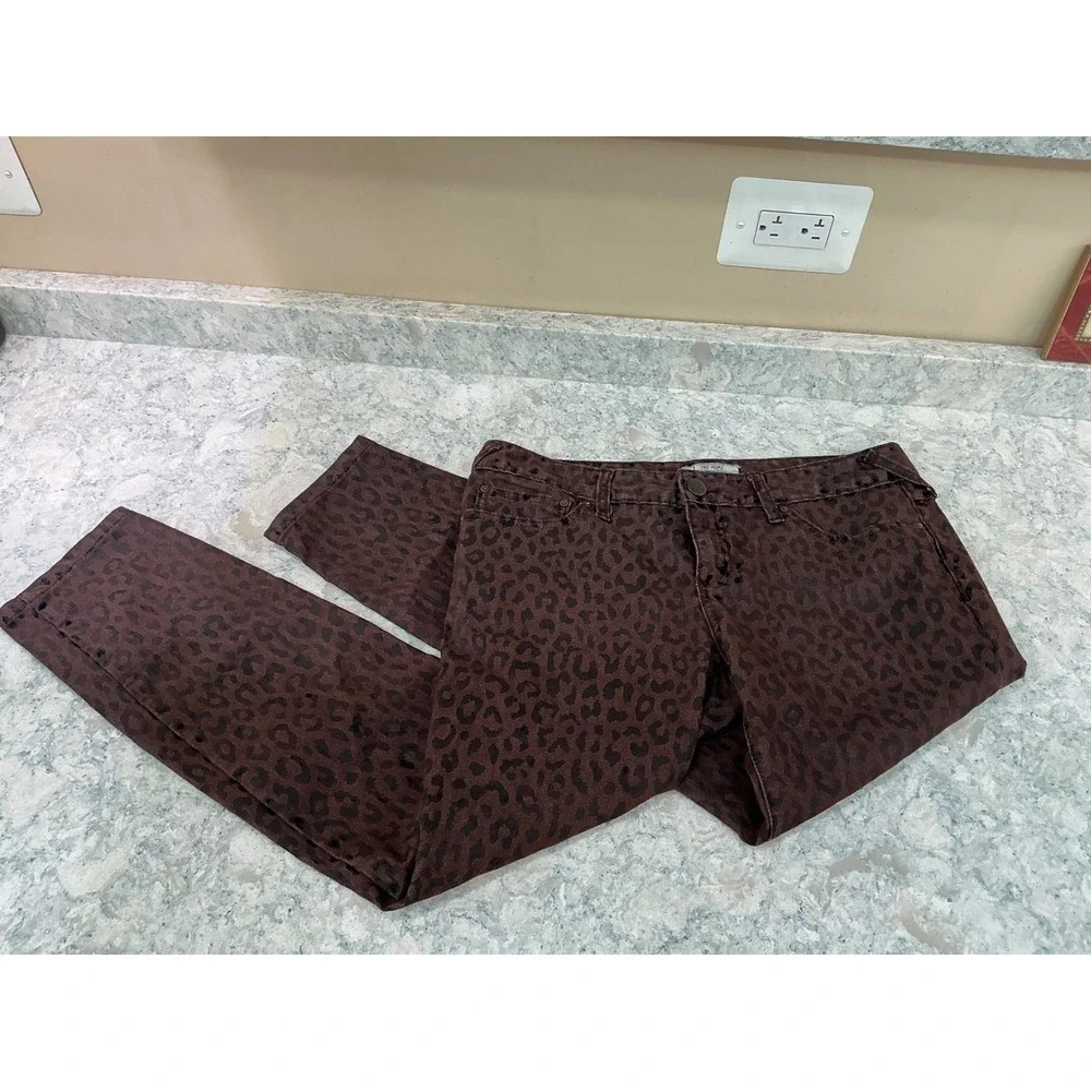 Free People Skinny Jeans 29 Brown Leopard Print Low Rise Animal Pattern Pockets